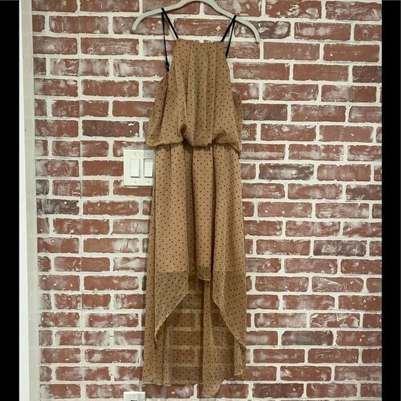 A9 Sugarlips Tan Brown Polka Dot High Neck Hi Low Maxi Dress Size XS EUC - Picture 1 of 9